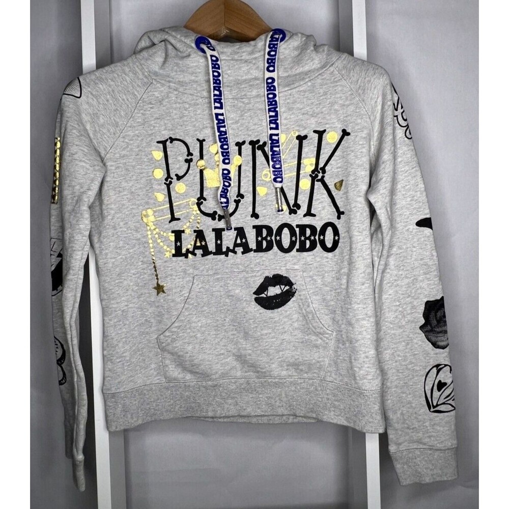 Lalabobo Sweatshirt Womens Medium Gray Gold Punk Pullover Crew Long Sleeve